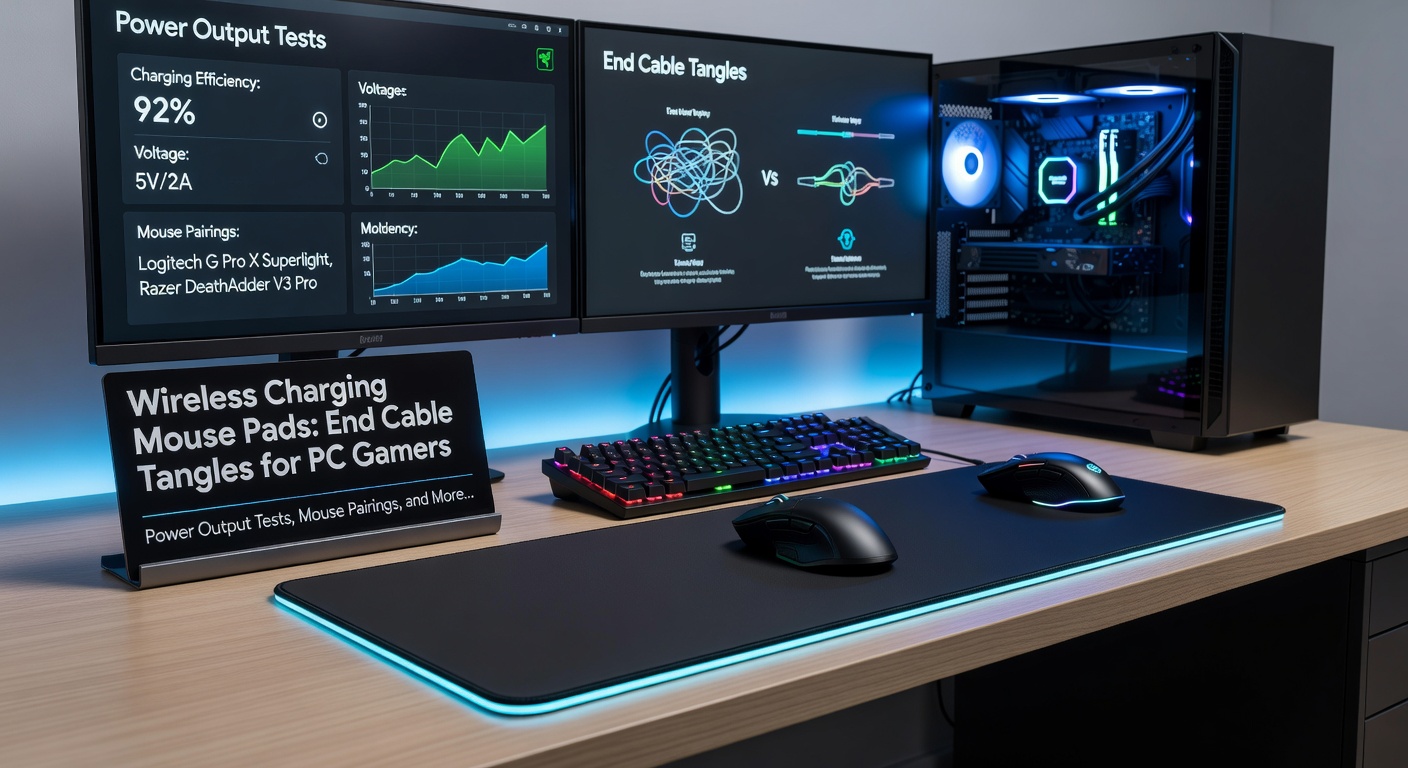 Close-up of a PC gamer's desk showing wireless mouse pad amid monitors, keyboard, and RGB lighting, with mouse actively charging mid-game